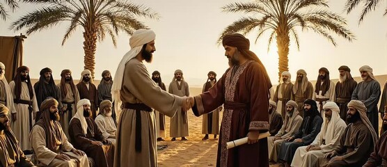 A historical reenactment of a significant treaty signing in the desert, concluding with a handshake agreement between two leaders surrounded by their followers under palm trees at sunset