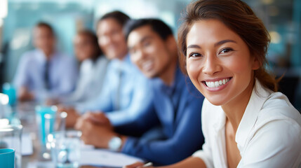 Asian faceless business professionals team actively engaged in collaborative meeting in boardroom sharing opinions and working together with visible happiness, defocused collective