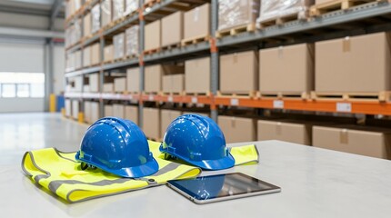 Warehouse safety setup with blue hard hats high visibility vests and digital tablet