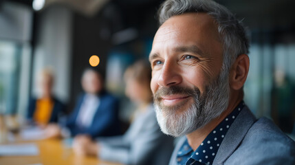 Fototapeta premium Mature faceless entrepreneur shares creative visions with fellow professionals, defocused experienced leadership, senior innovation, veteran ideation, seasoned strategy communication, with