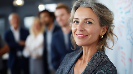 Obraz premium Mature faceless entrepreneur shares creative visions with fellow professionals, defocused experienced leadership, senior innovation, veteran ideation, seasoned strategy communication, with