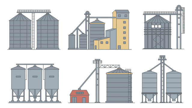 Industrial grain silos and storage facilities in various architectural styles and colors