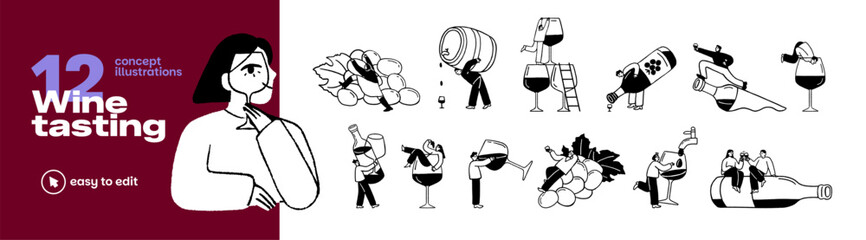 Wine tasting doodle set. Tiny people pour beverages from barrels and bottles into big glasses. Men and women drink alcohol from large wineglasses. Flat isolated outline vector illustrations on white