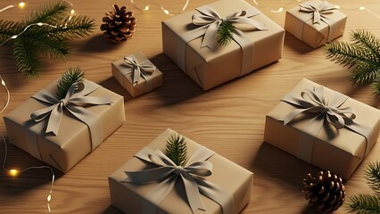 Christmas gift boxes wrapped in rustic paper with ribbons and pine sprigs, creating a festive holiday atmosphere