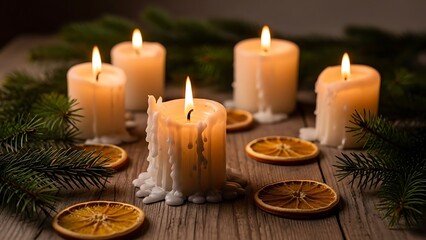 Christmas candles burning on wooden table with dried orange slices and evergreen branches