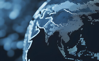 Close up of a digital globe with a blue and black pixelated map of the world