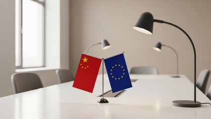 Chinese and European Union flags on a meeting table symbolize international diplomacy and negotiation, highlighting a bilateral partnership