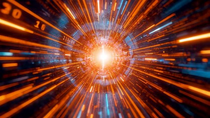 Intense energy core emitting glowing orange and blue light trails with rapid motion creating powerful abstract technology and science scene