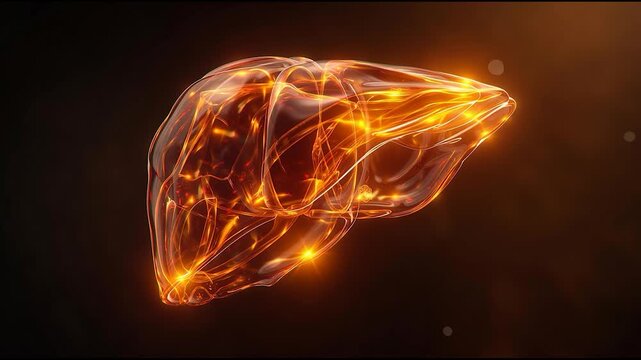 Futuristic 3D illustration of a glowing human liver in transparent style on dark background for medical or scientific concept