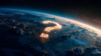 giant glowing question mark hovering above planet Earth viewed from space, concept of humanity s future and environmental uncertainty, cosmic