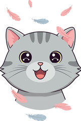 Fototapeta premium Pixel Art Cat Head with Falling Feathers Cute Kawaii Illustration