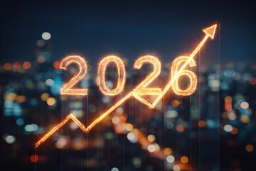 Business Financial Growth Concept with Glowing 2026 Text and Rising Arrow Graph over City Skyline at Night, Success and Economic Recovery Forecast for New Year and Fiscal Planning