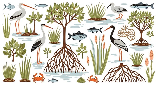 Vibrant Mangrove Ecosystem with Diverse Wildlife and Lush Vegetation.