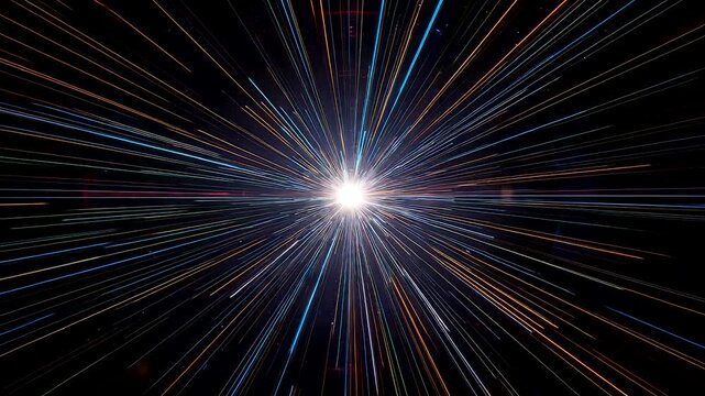Bright light burst radiating through dark space with dynamic streaks creating powerful energy motion and abstract cosmic depth sensation