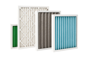 Assorted residential HVAC air filters in multiple sizes isolated on a transparent background