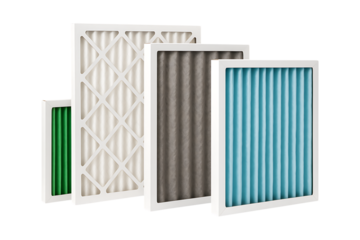 Assorted residential HVAC air filters in multiple sizes isolated on a transparent background