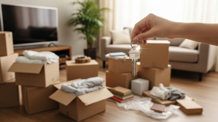 Hand holding house key with shining light in home full of cardboard boxes for moving and new beginning