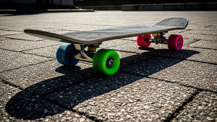 Skateboard with colorful wheels on pavement in sunny environment  