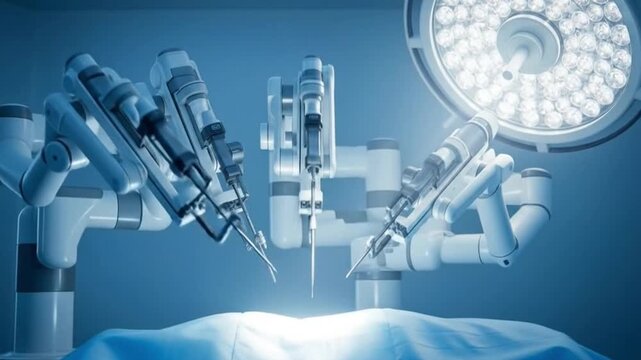 Surgical robotic arms poised over a patient illuminated by bright operating room lights