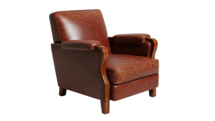 Vintage leather armchair with distressed finish and wooden armrests isolated on white background