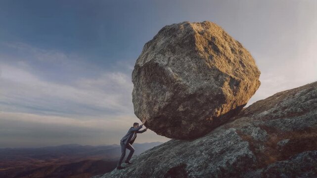 Small figure struggles to push massive boulder up steep rocky slope at sunset illustrating perseverance determination and challenge inspired by sisyphus myth