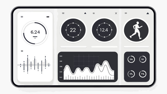 Smartwatch dashboard with fitness tracking data and graphs on screen