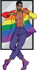 Pixel Art Man Wearing Rainbow Jacket and Purple Pants Pride Theme