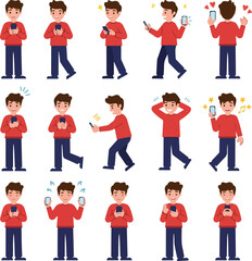 Pixel Art Man Using Smartphone Set Red Sweater Blue Pants Various Poses