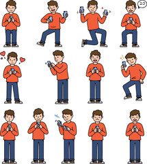 Pixel Art Man Using Smartphone Various Poses Orange Sweater Blue Jeans Isolated White Background