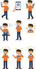 Pixel Art Man Using Smartphone Expressing Emotions And Actions White Background