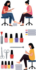 Pixel Art Manicure and Pedicure Service with Nail Polish and Tools