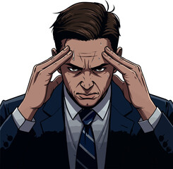 Pixel Art Man Thinking Hard Dark Suit Blue Tie Stressed Intense Focus