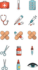 Pixel Art Medical Icons And Symbols First Aid Kit Thermometer Syringe Stethoscope