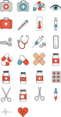 Pixel Art Medical Icons Set White Background Flat Design