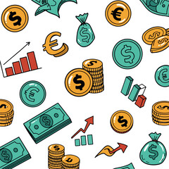 Pixel Art Money Pattern Flat Design With Coins Bills And Charts