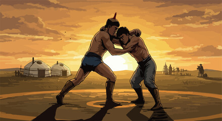 Pixel Art Mongolian Wrestling Match at Golden Sunset