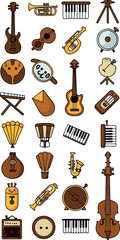 Pixel Art Music Icons Brown Guitar Trumpet Drums Keyboard Bass Cello