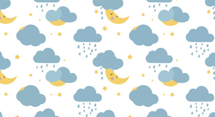 Pixel Art Night Sky Pattern Cute Moon Clouds Rain Stars Yellow Blue White