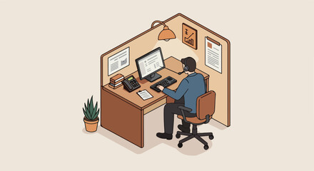 Pixel Art Office Cubicle Scene with Person Working at Desk