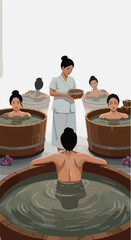 Pixel Art Mud Bath Spa Scene with Therapist and Women Relaxing in Wooden Tubs