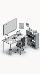 Pixel Art Office Desk Setup With Computer And Bookshelf