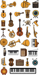Pixel Art Musical Instruments Icons Set Brown and Yellow Vintage Style