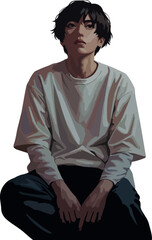 Pixel Art of a Young Person Sitting in a White Sweater and Jeans