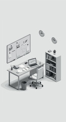 Pixel Art Office Desk with Laptop Bookshelf and Whiteboard