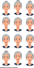 Pixel Art Older Woman Avatars Expressing Various Emotions On White