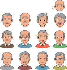 Pixel Art Old Man Avatars Various Expressions and Hairstyles White Background