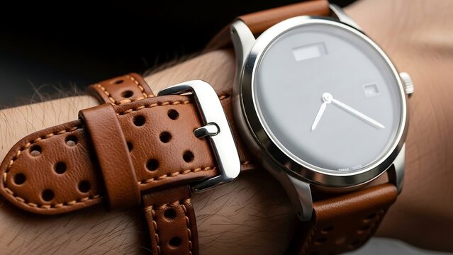 Brown leather watch on wrist closeup.