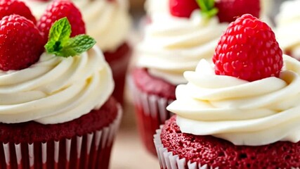 Raspberry cupcake: Exquisite cupcakes, crowned with vibrant raspberries, offer a delightful treat, perfect for indulging the senses and adding a touch of sweetness to any moment.