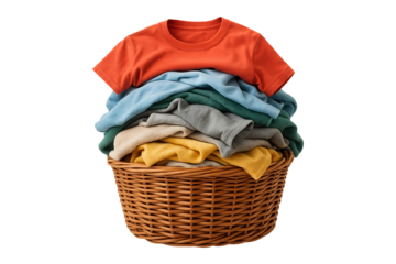 Colorful folded clothing piled inside a woven wicker laundry basket Isolated on a Transparent Background