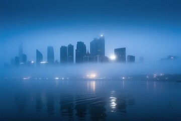 Fototapeta premium Misty metropolitan skyline at blue hour with illuminated towers reflected